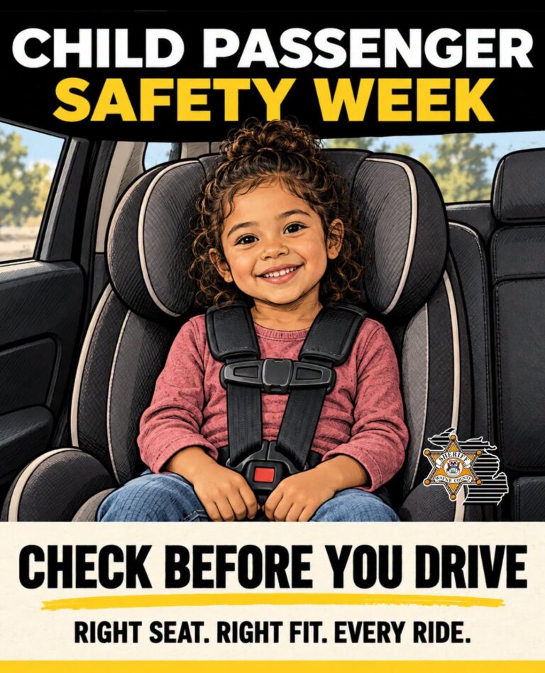 Child Passenger Safety Week: Check before you drive. Right seat. Right fit. Every ride. A smiling young girl buckled into a harnessed car seat, with the Wayne County Sheriff badge.