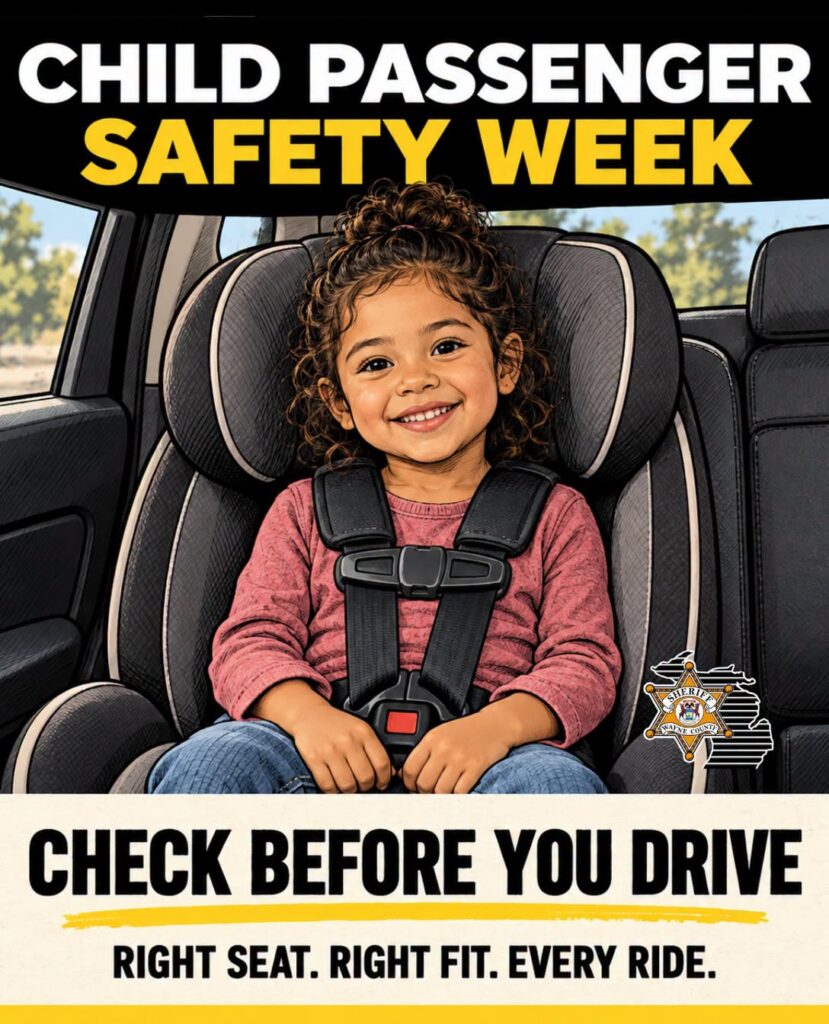 Child Passenger Safety Week: Check before you drive. Right seat. Right fit. Every ride. A smiling young girl buckled into a harnessed car seat, with the Wayne County Sheriff badge.