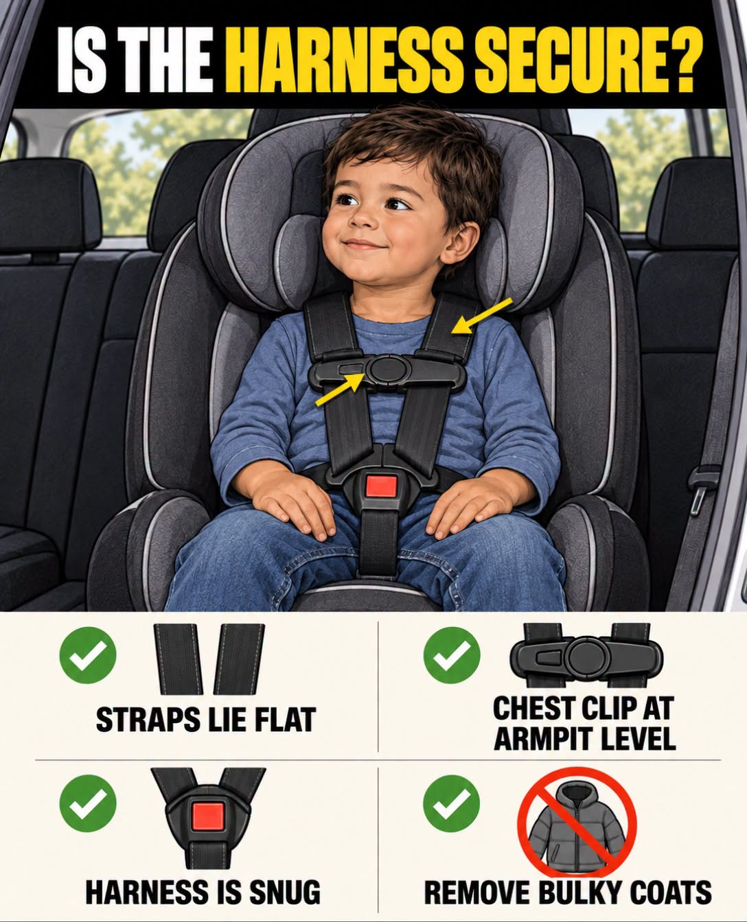 Is the harness secure? A toddler buckled into a car seat. Checklist: straps lie flat, chest clip at armpit level, harness is snug, remove bulky coats.