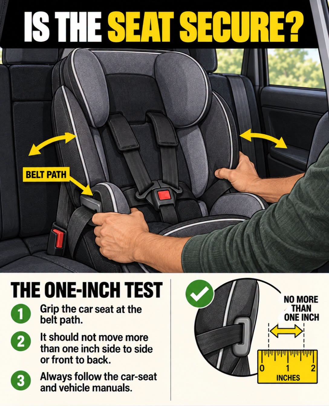 Is the seat secure? The one-inch test: grip the car seat at the belt path. It should not move more than one inch side to side or front to back. Always follow the car-seat and vehicle manuals.